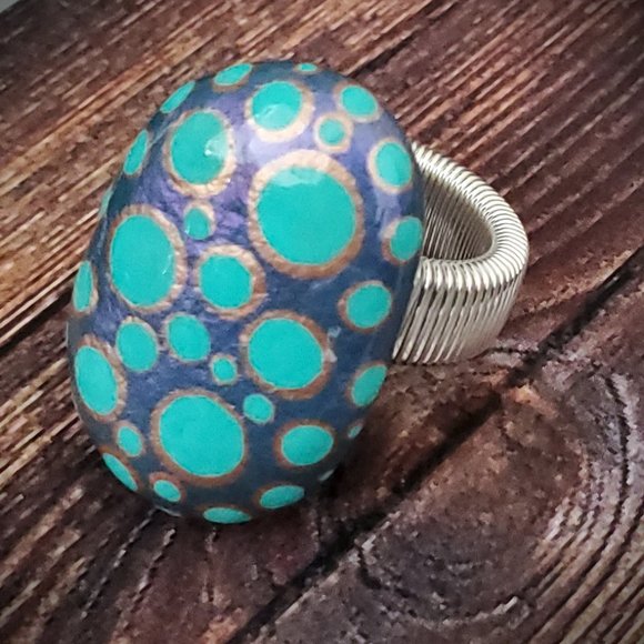Hand Painted Iridescent Blue Statement Ring. - Picture 8 of 10